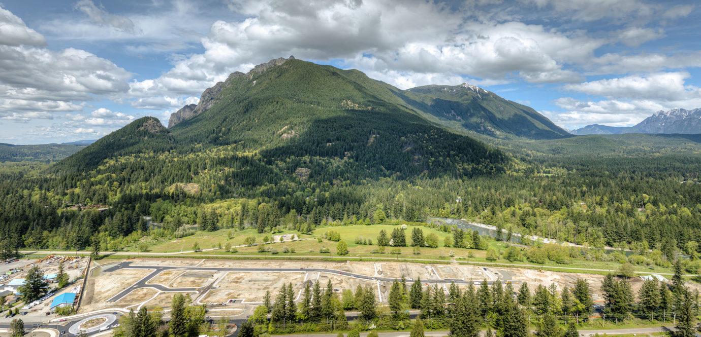 Timberstone aerial photo with mountain and river